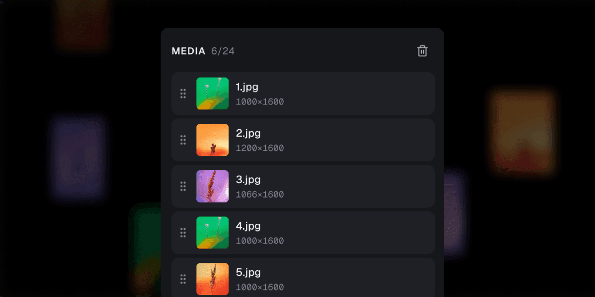 The media panel, a list of added images with their file names and pixel sizes.