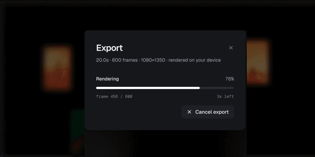 The export panel mid-render, three quarters of the way through 600 frames with seconds left.